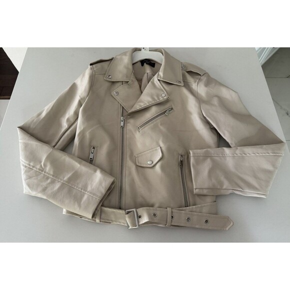 Women's motorcycle Vegan PU Leather Zip-Up Jacket taupe size Medium Love tree - Picture 1 of 12